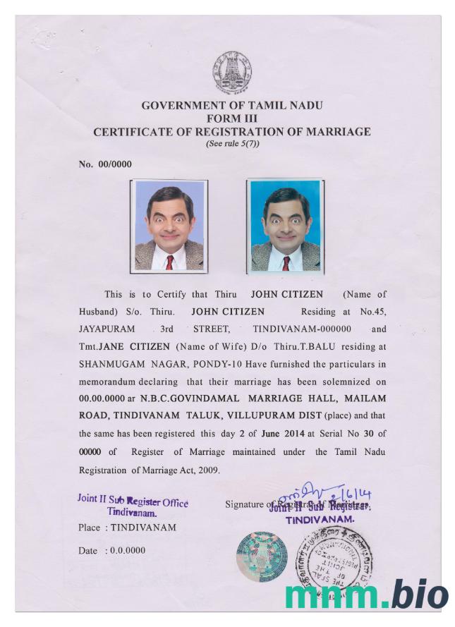 INDIA (TAMIL NADU) akt małżeństwa
